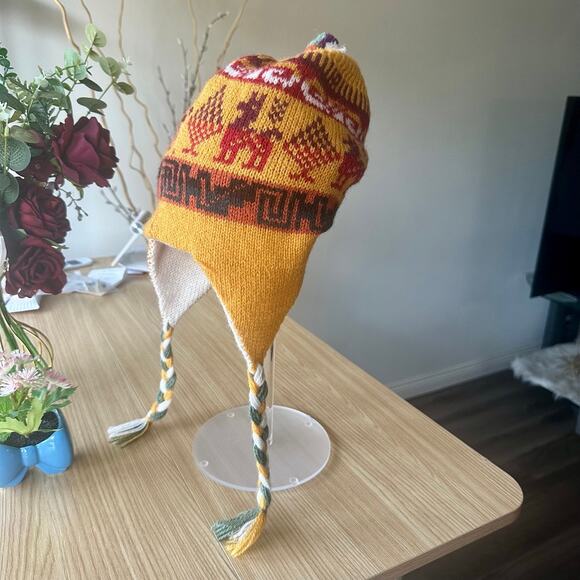 PERU Cusco Llama Reversible Wool Alpaca HANDMADE Beanie Tassel Inca Maya Aztec - Picture 10 of 15
